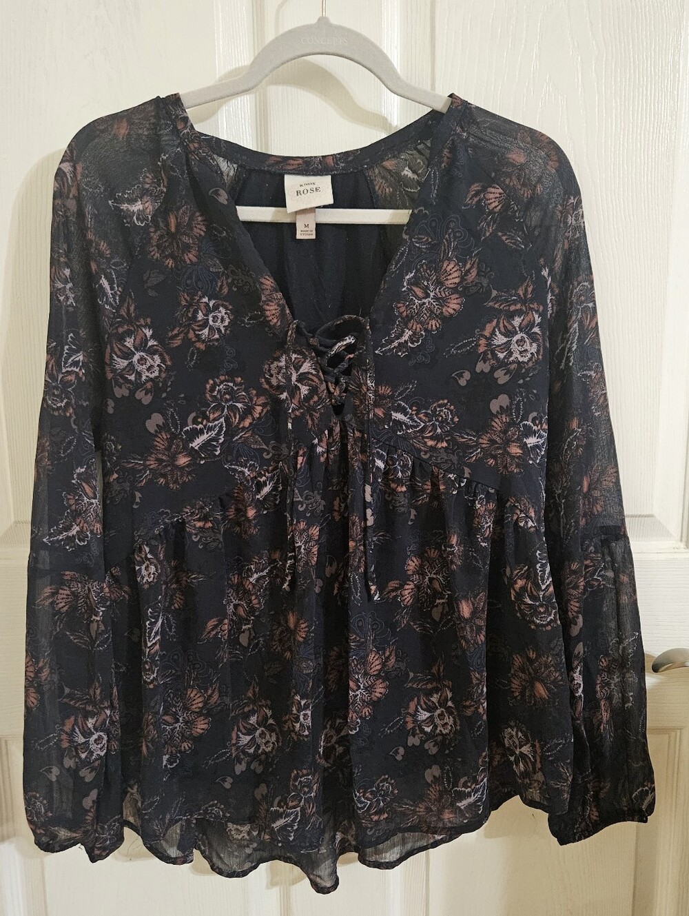 Knox Rose Dark Floral Lace-up Boho Blouse
